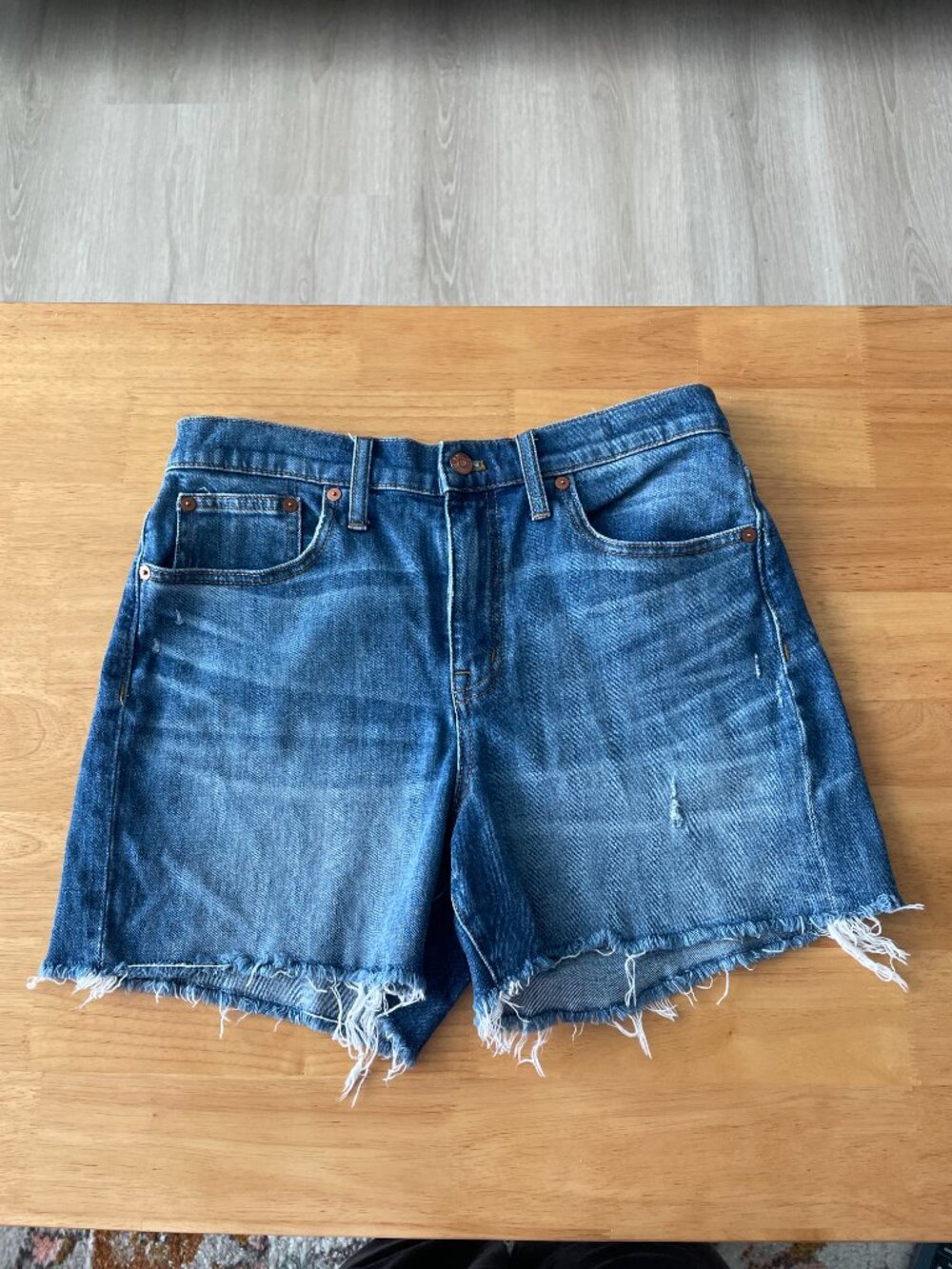 Madewell High-Rise Medium Wash Blue Denim Shorts - Raw Hem & Slight Distressing